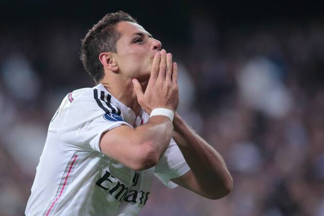 Madrid, Spain. 22th April 2015: Chicharito forward from Real Madrid CF, celebrating after scoring during the UEFA Champions League quarter-finals second leg against Real Madrid CF at the Santiago Bernabeu stadium. (Photo: Ivan Abanades Medina). 