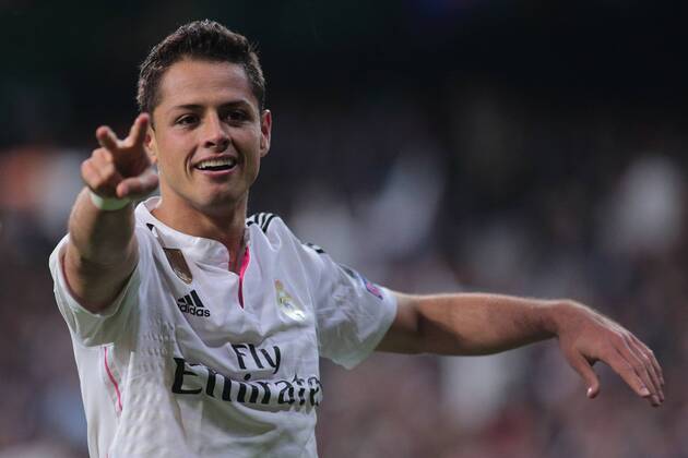 Madrid, Spain. 22th April 2015: Chicharito forward from Real Madrid CF, celebrating after scoring during the UEFA Champions League quarter-finals second leg against Real Madrid CF at the Santiago Bernabeu stadium. (Photo: Ivan Abanades Medina). 