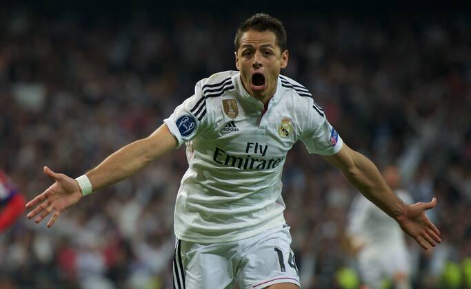 Real Madrid Forward, Javier Chicharito Hernandez, number 14 celebrates after scoring a goal (1,0). Round 1 4 of the CHAMPIONS league, soccer match between Real Madrid - Atletico de Madrid at the Santiago Bernabeu estadium, Madrid - Spain by April 22, 2015. PHOTOxGregorioxLopez. 