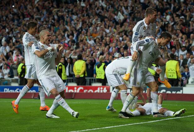 Real Madrid Forward, Javier Chicharito Hernandez, number 14 celebrates after scoring a goal (1,0). Round 1 4 of the CHAMPIONS league, soccer match between Real Madrid - Atletico de Madrid at the Santiago Bernabeu estadium, Madrid - Spain by April 22, 2015. PHOTOxGregorioxLopez. 