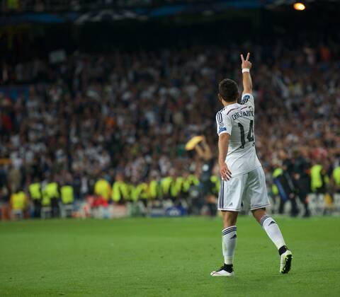 Real Madrid Forward, Javier Chicharito Hernandez, number 14 celebrates after scoring a goal (1,0). Round 1 4 of the CHAMPIONS league, soccer match between Real Madrid - Atletico de Madrid at the Santiago Bernabeu estadium, Madrid - Spain by April 22, 2015. PHOTOxGregorioxLopez. 