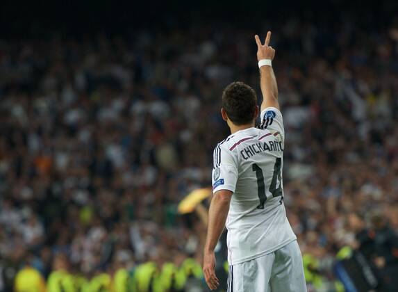 Real Madrid Forward, Javier Chicharito Hernandez, number 14 celebrates after scoring a goal (1,0). Round 1 4 of the CHAMPIONS league, soccer match between Real Madrid - Atletico de Madrid at the Santiago Bernabeu estadium, Madrid - Spain by April 22, 2015. PHOTOxGregorioxLopez. 