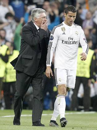 Aktuell Fußball, Champions League, Real Madrid - Atletico Madrid Real Madrid s coach Carlo Ancelotti with Cristiano Ronaldo during Champions League 2014 2015 Quarter-finals 2nd leg match.April 22,2015.  (2015042277)