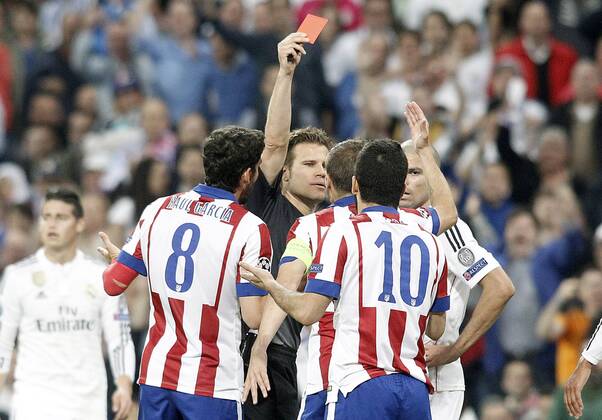 German referee Felix Brych show red card to Arda Turan during Champions League 2014 2015 Quarter-finals 2nd leg match.April 22,2015.  (2015042272)