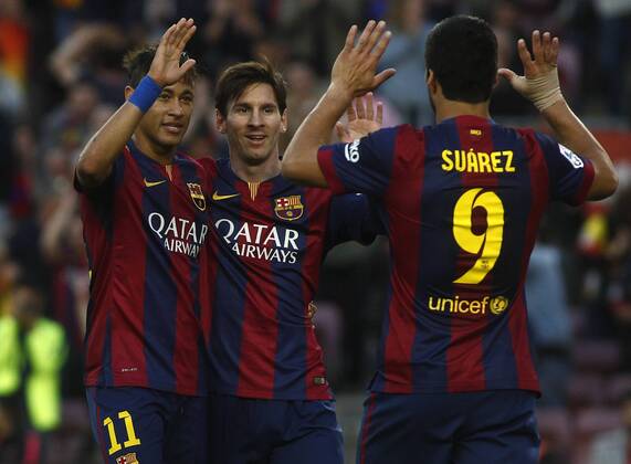Neymar, Lionel messi, Luis Suarez. League BBVA match played between Barcelona Barca FC and Getafe CF . In this picture, Barcelona players celebrate one of their goals. xFRANCESCxADELANTADOx 
