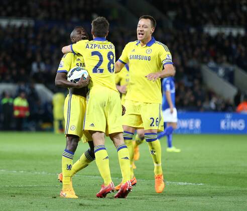 Chelsea s Ramires celebrates scoring his sides third goal with John Terry Barclays Premier League - Leicester City vs Chelsea - King Power Stadium - England - 26th April 2015 - Picture David Klein Sportimage EDITORIAL USE ONLY. No use with unauthorised audio, video, data, fixture lists, club league logos or live services. Online in-match use limited to 120 images, no video emulation. No use in betting, games or single club league player publications.