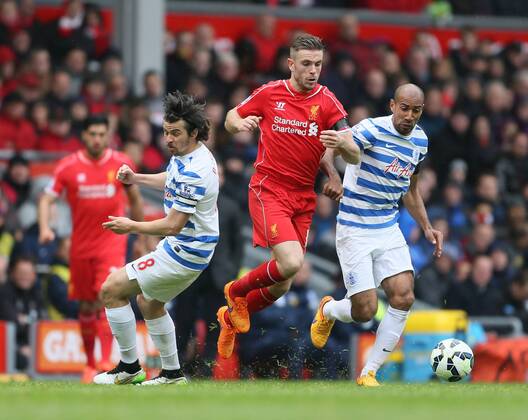Jordan Henderson of Liverpool tussles with Karl Henry of QPR - Barclays Premier League - Liverpool vs QPR - Anfield Stadium - Liverpool - England - 2nd May 2015 - Picture Simon Bellis Sportimage EDITORIAL USE ONLY. No use with unauthorised audio, video, data, fixture lists, club league logos or live services. Online in-match use limited to 120 images, no video emulation. No use in betting, games or single club league player publications.