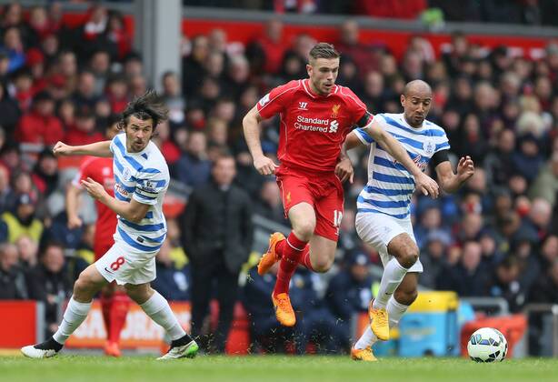 Jordan Henderson of Liverpool tussles with Karl Henry of QPR - Barclays Premier League - Liverpool vs QPR - Anfield Stadium - Liverpool - England - 2nd May 2015 - Picture Simon Bellis Sportimage EDITORIAL USE ONLY. No use with unauthorised audio, video, data, fixture lists, club league logos or live services. Online in-match use limited to 120 images, no video emulation. No use in betting, games or single club league player publications.