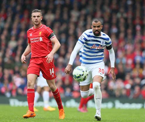 Jordan Henderson of Liverpool tussles with Sandro of QPR - Barclays Premier League - Liverpool vs QPR - Anfield Stadium - Liverpool - England - 2nd May 2015 - Picture Simon Bellis Sportimage EDITORIAL USE ONLY. No use with unauthorised audio, video, data, fixture lists, club league logos or live services. Online in-match use limited to 120 images, no video emulation. No use in betting, games or single club league player publications.