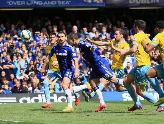 Chelsea s Eden Hazard scoring his sides opening goal Barclays Premier League - Chelsea vs Crystal Palace - Stamford Bridge - England - 3rd May 2015 - Picture David Klein Sportimage EDITORIAL USE ONLY. No use with unauthorised audio, video, data, fixture lists, club league logos or live services. Online in-match use limited to 120 images, no video emulation. No use in betting, games or single club league player publications.