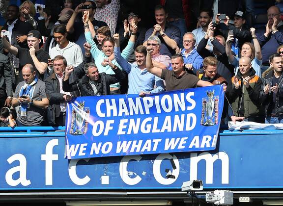 Aktuell Fußball, England, Premier League, FC Chelsea ist Meister Chelsea s fans with a mispelt banner Barclays Premier League - Chelsea vs Crystal Palace - Stamford Bridge - England - 3rd May 2015 - Picture David Klein Sportimage EDITORIAL USE ONLY. No use with unauthorised audio, video, data, fixture lists, club league logos or live services. Online in-match use limited to 120 images, no video emulation. No use in betting, games or single club league player publications.