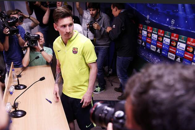 Aktuell Fußball, Champions League, Pressekonferenz FC Barcelona BARCELONA -05 mayo- ESPANA: Lionel Messi en la rueda de prensa tras el entrenamiento previo al partido de Liga de Campeones contra el Bayern Munich el 05 de mayo del 2015. 