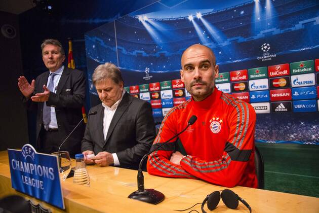Aktuell Fußball, Champions League, Pressekonferenz FC Bayern München BARCELONA, SPAIN - MARCH 5: Josep Guardiola, trainner of Bayern Munchen during the press conference PK Pressekonferenz ahead of their UEFA Champions League Semi finals first leg match against FC Barcelona Barca at the Camp Nou stadium on March 5, 2015 in Barcelona, Spain. (Photo by Mikel Trigueros Urbanandsport Cordon Press) 