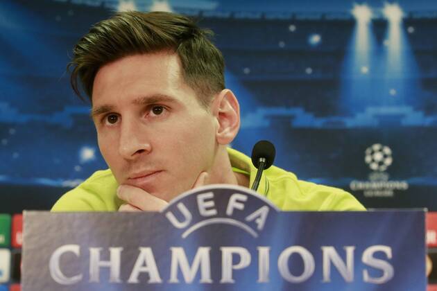 (150505) -- BARCELONA, May 5, 2015 -- Barcelona s Argentine forward Lionel Messi attends the press conference PK Pressekonferenz before the Champions League semifinal match FC Barcelona Barca vs FC Bayern Munich at Joan Gamper FC Barcelona training area in Barcelona, Spain, May 5, 2015. ) (SP)SPAIN-BARCELONA-SOCCOR-UEFA CHAMPIONS LEAGUE PauxBarrena 