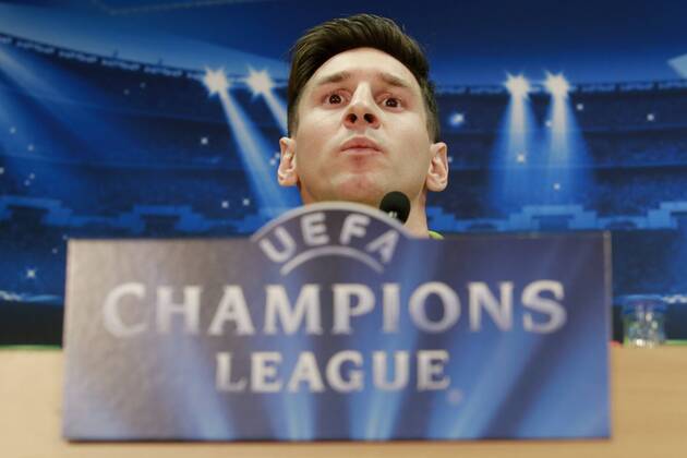 (150505) -- BARCELONA, May 5, 2015 -- Barcelona s Argentine forward Lionel Messi attends the press conference PK Pressekonferenz before the Champions League semifinal match FC Barcelona Barca vs FC Bayern Munich at Joan Gamper FC Barcelona training area in Barcelona, Spain, May 5, 2015. ) (SP)SPAIN-BARCELONA-SOCCOR-UEFA CHAMPIONS LEAGUE PauxBarrena 