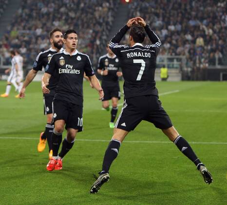 Cristiano Ronaldo of Real Madrid celebrates his equalising goal - Juventus vs. Real Madrid - UEFA Champion s League - Semi Final First Leg - Juventus Stadium - Turin - 05 05 2015 Pic Philip Oldham Sportimage EDITORIAL USE ONLY. No use with unauthorised audio, video, data, fixture lists, club league logos or live services. Online in-match use limited to 120 images, no video emulation. No use in betting, games or single club league player publications.
