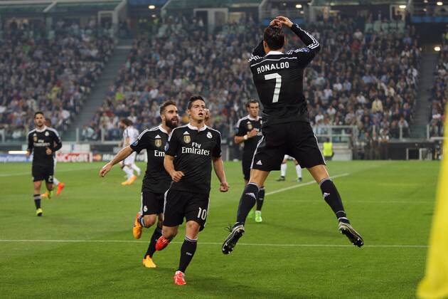Cristiano Ronaldo of Real Madrid celebrates his equalising goal - Juventus vs. Real Madrid - UEFA Champion s League - Semi Final First Leg - Juventus Stadium - Turin - 05 05 2015 Pic Philip Oldham Sportimage EDITORIAL USE ONLY. No use with unauthorised audio, video, data, fixture lists, club league logos or live services. Online in-match use limited to 120 images, no video emulation. No use in betting, games or single club league player publications.