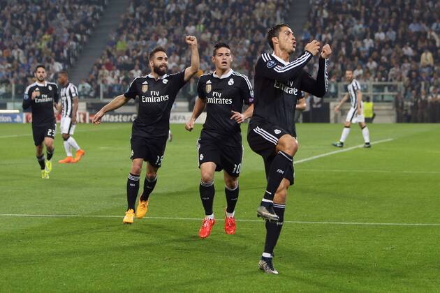 Cristiano Ronaldo of Real Madrid celebrates his equalising goal - Juventus vs. Real Madrid - UEFA Champion s League - Semi Final First Leg - Juventus Stadium - Turin - 05 05 2015 Pic Philip Oldham Sportimage EDITORIAL USE ONLY. No use with unauthorised audio, video, data, fixture lists, club league logos or live services. Online in-match use limited to 120 images, no video emulation. No use in betting, games or single club league player publications.