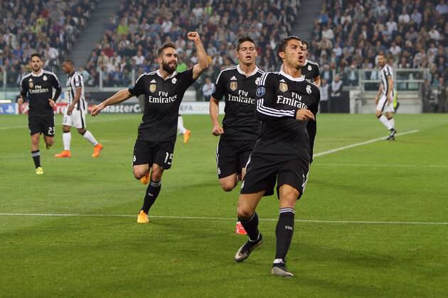 Cristiano Ronaldo of Real Madrid celebrates his equalising goal - Juventus vs. Real Madrid - UEFA Champion s League - Semi Final First Leg - Juventus Stadium - Turin - 05 05 2015 Pic Philip Oldham Sportimage EDITORIAL USE ONLY. No use with unauthorised audio, video, data, fixture lists, club league logos or live services. Online in-match use limited to 120 images, no video emulation. No use in betting, games or single club league player publications.