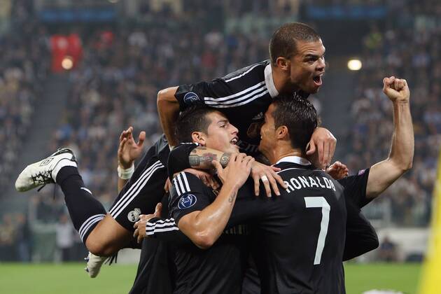 Cristiano Ronaldo of Real Madrid celebrates his equalising goal - Juventus vs. Real Madrid - UEFA Champion s League - Semi Final First Leg - Juventus Stadium - Turin - 05 05 2015 Pic Philip Oldham Sportimage EDITORIAL USE ONLY. No use with unauthorised audio, video, data, fixture lists, club league logos or live services. Online in-match use limited to 120 images, no video emulation. No use in betting, games or single club league player publications.