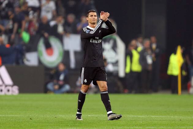 Cristiano Ronaldo of Real Madrid applauds the travelling fans - Juventus vs. Real Madrid - UEFA Champion s League - Semi Final First Leg - Juventus Stadium - Turin - 05 05 2015 Pic Philip Oldham Sportimage EDITORIAL USE ONLY. No use with unauthorised audio, video, data, fixture lists, club league logos or live services. Online in-match use limited to 120 images, no video emulation. No use in betting, games or single club league player publications.