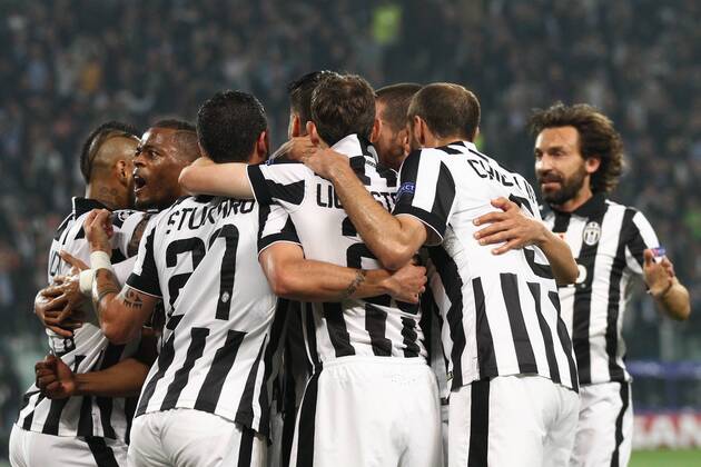 May 5, 2015 - Turin, Italy - Juventus forward Alvaro Morata (9) celebrates with his teammates after scoring his goal during the Uefa Champions League semi finals football match JUVENTUS - REAL MADRID on 05 05 15 at the Juventus Stadium in Turin, Italy. Copyright 2015 Matteo Bottanelli Juventus v Real Madrid CF - UEFA Champions League Semi Final  - ZUMAn230