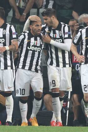 May 5, 2015 - Turin, Italy - Juventus forward Carlos Tevez (10) celebrates with his teammates after scoring his goal during the Uefa Champions League semi finals football match JUVENTUS - REAL MADRID on 05 05 15 at the Juventus Stadium in Turin, Italy. Copyright 2015 Matteo Bottanelli Juventus v Real Madrid CF - UEFA Champions League Semi Final  - ZUMAn230