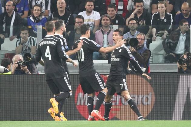 May 5, 2015 - Turin, Italy - Real Madrid forward Cristiano Ronaldo (7) celebrates with his teammates after scoring his goal during the Uefa Champions League semi finals football match JUVENTUS - REAL MADRID on 05 05 15 at the Juventus Stadium in Turin, Italy. Copyright 2015 Matteo Bottanelli Juventus v Real Madrid CF - UEFA Champions League Semi Final  - ZUMAn230