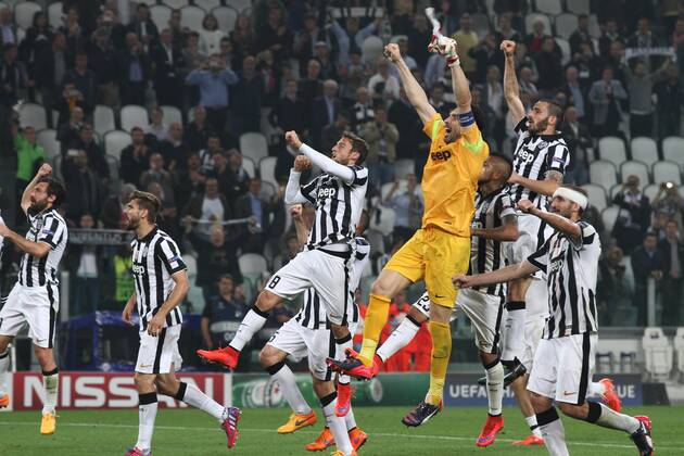 May 5, 2015 - Turin, Italy - Juventus Team celebrates victory after the Uefa Champions League semi finals football match JUVENTUS - REAL MADRID on 05 05 15 at the Juventus Stadium in Turin, Italy. Copyright 2015 Matteo Bottanelli Juventus v Real Madrid CF - UEFA Champions League Semi Final  - ZUMAn230
