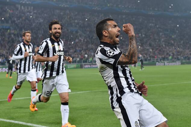 FUSSBALL CHAMPIONS LEAGUE SAISON 2014 2015 HALBFINAL HINSPIEL Juventus Turin - Real Madrid 05.05.2015 JUBEL Juve; Torschuetze zum 2-1 Carlos Tevez, Andrea Pirlo und Claudio Marchisio (v.re) 