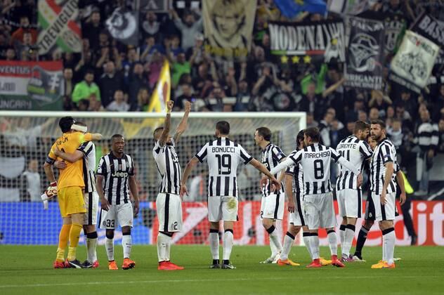 05.05.2015. Turin, Italy. Champions League Football, semi-final. 1st leg. Juventus versus Real Madrid. Juventus players celebrate at the end of the match xPierpaoloxPiciuccox  ActionPlus11618361