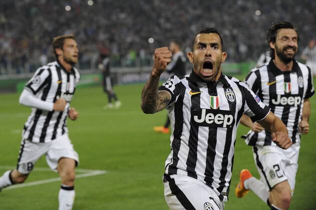 05.05.2015. Turin, Italy. Champions League Football, semi-final. 1st leg. Juventus versus Real Madrid. Carlos Tevez celebrates after scoring the penalty for 2-1 for Juventus xPierpaoloxPiciuccox  ActionPlus11618369