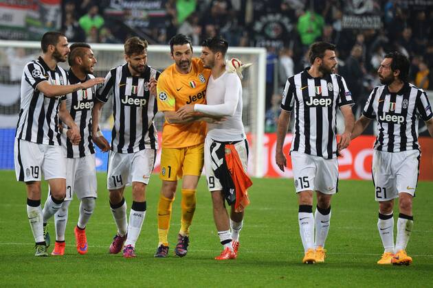 Juventus Leonardo Bonucci, Roberto Pereyra, Llorente, Gianluigi Buffon, Morata, Andrea Barzagli, Andrea Pirlo Celebration Torino 05-05-2015 Juventus Stadium, Football Calcio Champions League 2014 2015 Semi Final Juventus - Real Madrid andreaxstaccioli