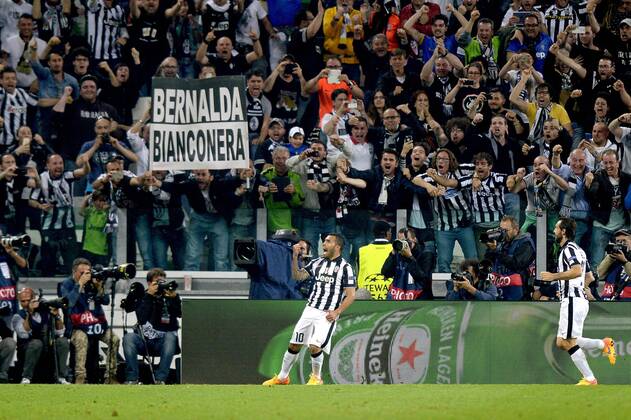 Carlos Tevez Juventusl, goal celebration, penalty, Torino 05-05-2015, Juventus Stadium, Football Calcio 2014 2015 Champions League, Juventus - Real Madrid filippoxalfero