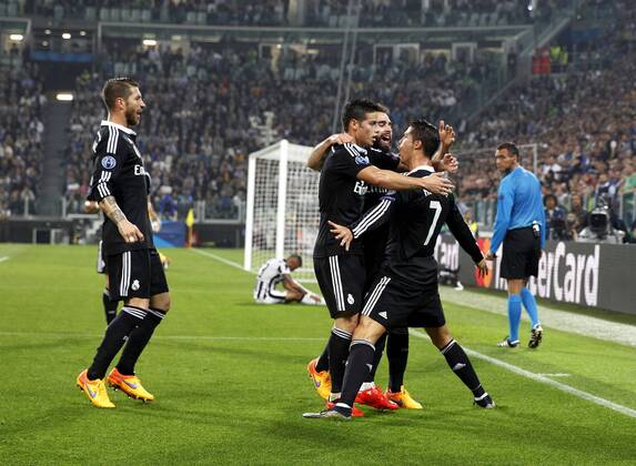 First leg of 1 2 Champions League match between Juventus and Real Madrid. In this picture, Cristiano Ronaldo celebrates his goal with James Rodriguez, Sergio Ramos. xFOTOxCHEMAxREYx 