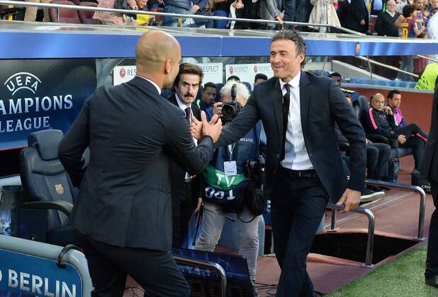 06.05.2015, xjhx, Fussball Champions League, FC Barcelona Barca - FC Bayern Muenchen, v.l. Pep Guardiola (Trainer FC Bayern Muenchen), Luis Enrique (Trainer Head Coach FC Barcelona)
