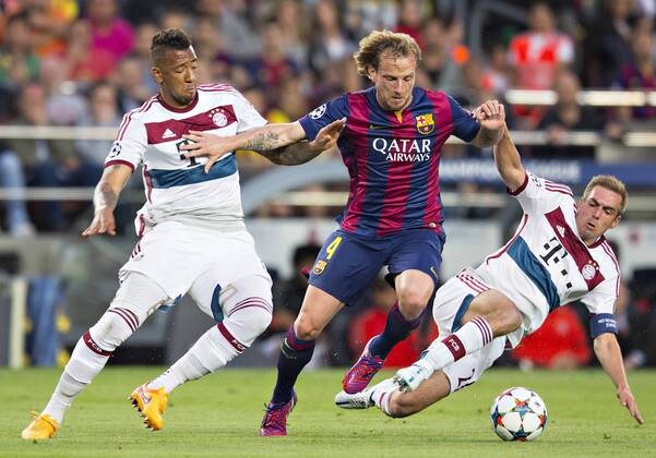Barcelona, 06.05.2015, Camp Nou Jerome Boateng (FCB), Ivan Rakitic (Barca), Philipp Lahm (FCB) FC Barcelona Barca - FC Bayern München mm