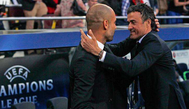 Mittwoch 06.05.2015, CL, UEFA Champions League, Saison 2014 2015, Halbfinale Hinspiel in Barcelona, FC Barcelona Barca - FC Bayern Muenchen, v.l. Trainer Pep Guardiola (Bayern Muenchen) und Trainer Luis Enrique (FC Barcelona) DeFodi035