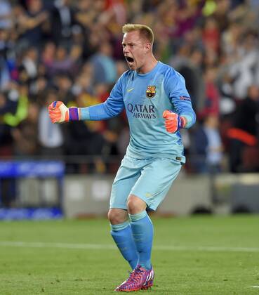 06.05.2015, Fussball Champions League 2014 2015, Halbfinale Hinspiel, FC Barcelona Barca - FC Bayern München, im Stadion Camp Nou in Barcelona (Spanien). Torwart Marc-Andre ter Stegen (Barcelona) jubelt 