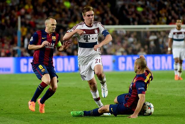 06.05.2015, xjhx, Fussball Champions League, FC Barcelona Barca - FC Bayern Muenchen, v.l. Andres Iniesta (FC Barcelona), Philipp Lahm (FC Bayern Muenchen), Javier Mascherano (FC Barcelona)