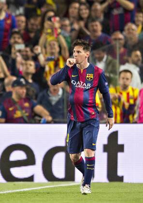 Barcelona, 06.05.2015, Camp Nou Babybauch Jubel von Lionel Messi (Barca) FC Barcelona Barca - FC Bayern München mm