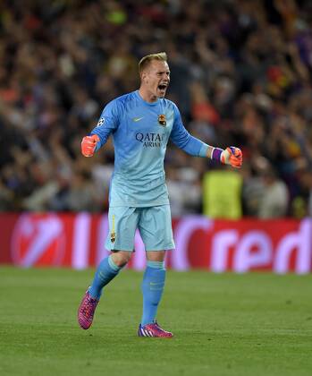 06.05.2015, Fussball Champions League 2014 2015, Halbfinale Hinspiel, FC Barcelona Barca - FC Bayern München, im Stadion Camp Nou in Barcelona (Spanien). Torwart Marc-Andre ter Stegen (Barcelona) jubelt. 