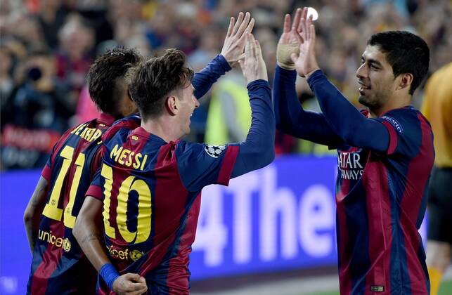 FUSSBALL CHAMPIONS LEAGUE SAISON 2014 2015 HALBFINALE HINSPIEL FC Barcelona Barca - FC Bayern Muenchen 06.05.2015 Torjubel: Neymar, Lionel Messi und Luis Suarez (v.l., alle Barca) 