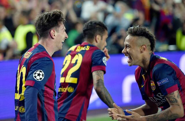 FUSSBALL CHAMPIONS LEAGUE SAISON 2014 2015 HALBFINALE HINSPIEL FC Barcelona Barca - FC Bayern Muenchen 06.05.2015 Torjubel: Lionel Messi und Neymar (re, beide Barca) 