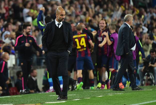 06.05.2015, xjhx, Fussball Champions League, FC Barcelona Barca - FC Bayern Muenchen, v.l. Pep Guardiola (Trainer FC Bayern Muenchen) enttaeuscht, enttaeuscht schauend, dissapointed