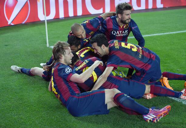 FUSSBALL CHAMPIONS LEAGUE SAISON 2014 2015 HALBFINALE HINSPIEL FC Barcelona Barca - FC Bayern Muenchen 06.05.2015 Torjubel FC Barcelona (Ivan Rakitic, Luis Suarez, Neymar, Javier Mascherano, Gerard Pique und Sergio Busquets (Barca) 