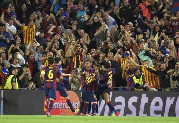 06.05.2015, Fussball Champions League 2014 2015, Halbfinale Hinspiel, FC Barcelona Barca - FC Bayern München, im Stadion Camp Nou in Barcelona (Spanien). Torjubel Lionel Messi (Barcelona) und Neymar (Barcelona). 