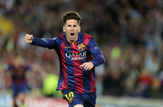 Lionel Messi (Barcelona), jubelt nach seinem Tor zum 1:0 FC Barcelona Barca FC Bayern München, Barca-FCB, Champions League 2014 2015, Halbfinale, half-final, Hinspiel, 1. Spiel, first match, Fussball, men, Maenner, soccer, Ergebnis, result Barcelona, 6.5.2015