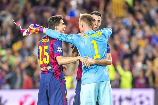 BARCELONA, SPAIN - March 6: Ter Stegen, Marc Bartra and Busquets during the match of UEFA Champions League Semi final first leg between FC Barcelona Barca and Bayern Munchen at the Camp Nou stadium on March 6, 2015 in Barcelona, Spain. (Photo by Mikel Trigueros Urbanandsport Cordon Press) 