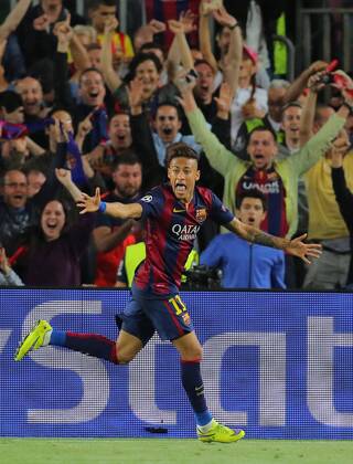 NEYMAR, Barca 11 Torschuss, schiesst das Tor zum 3-0 Jubel mit Lionel MESSI, Barca 10 FC Barcelona Barca - FC BAYERN MUENCHEN , Fussball UEFA Champions League, Halbfinale Hinspiel, Muenchen, 06.05.2015 CL Saison 2014 2015, FCB, Muenchen